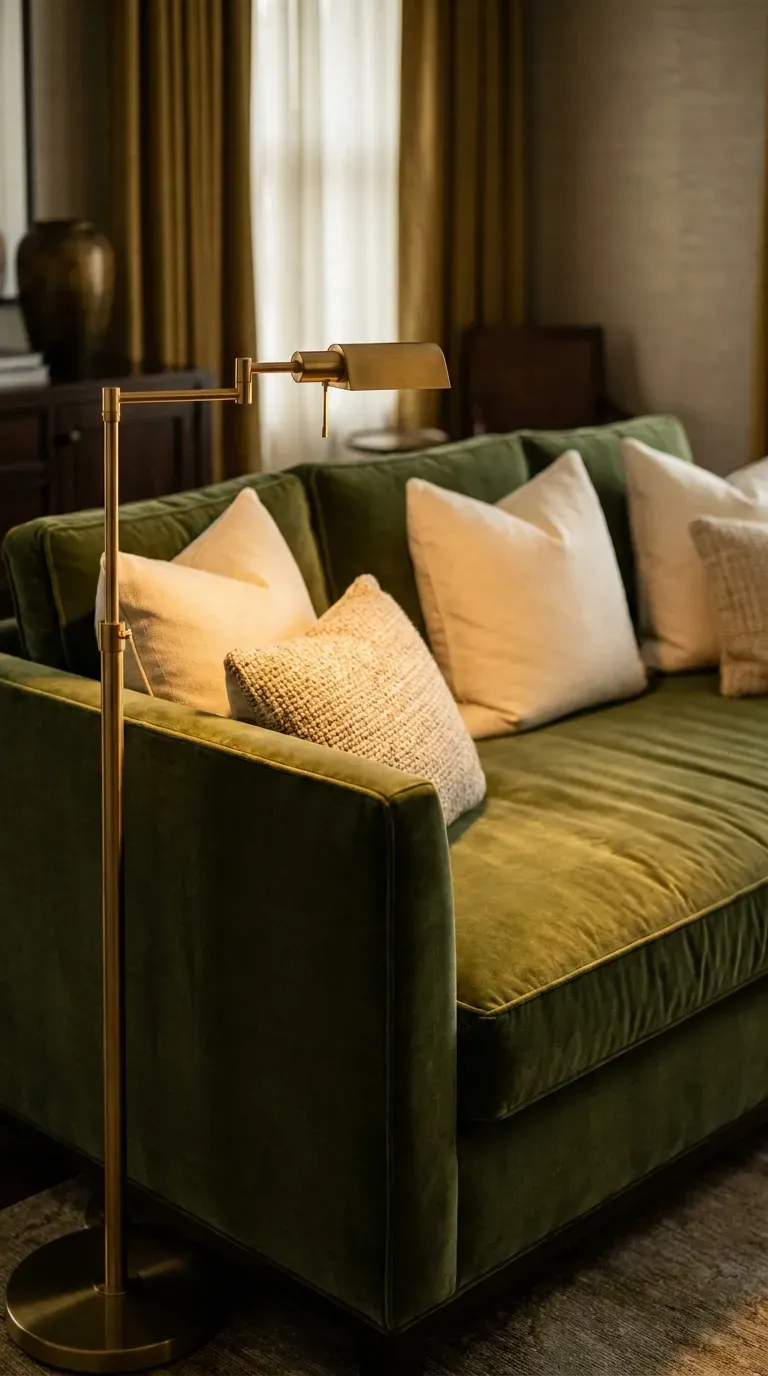 moss green velvet upholstered daybed styled like a luxury sofa with Euro shams