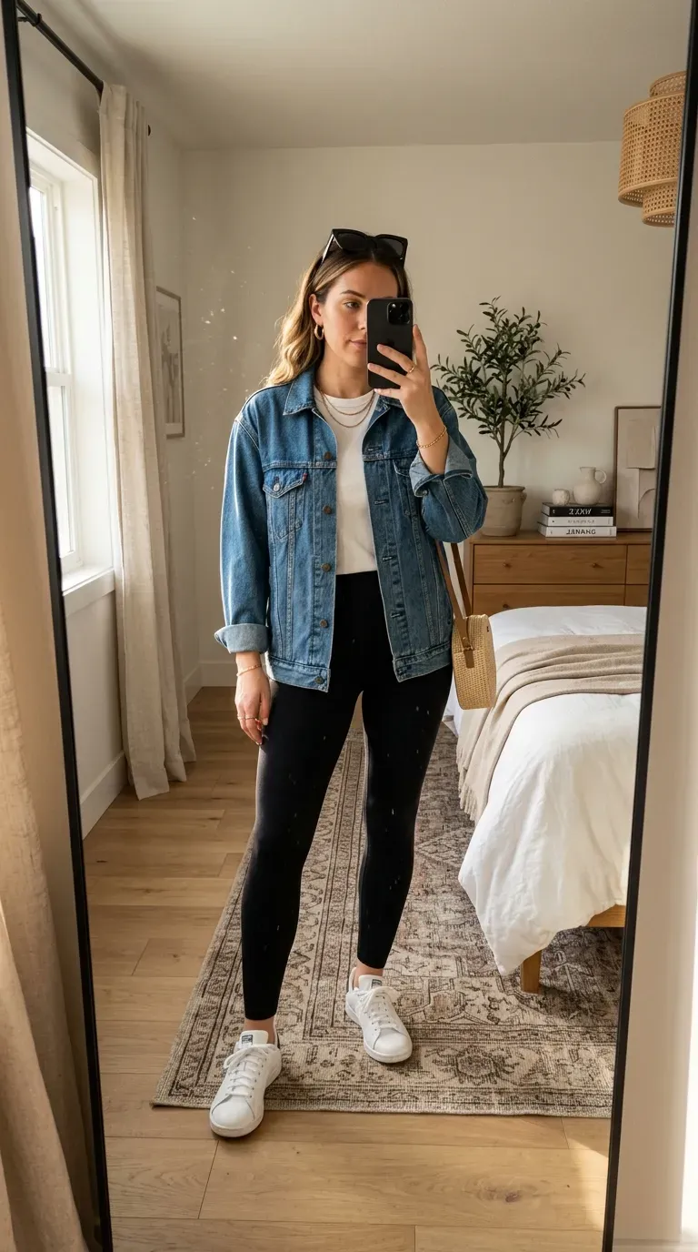 Woman wearing a denim jacket with black leggings and sneakers for a casual everyday outfit.