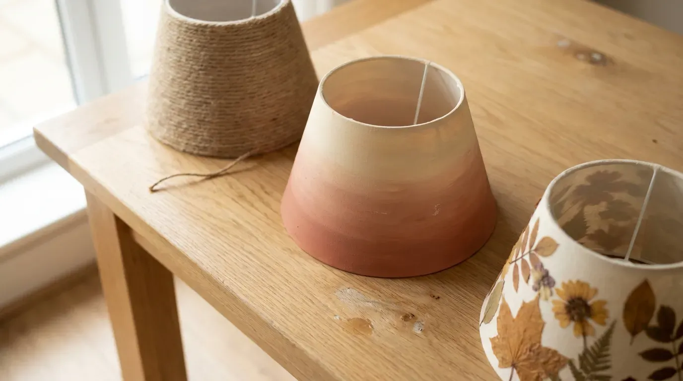 collection of decorated diy lampshades styled on a wooden shelf