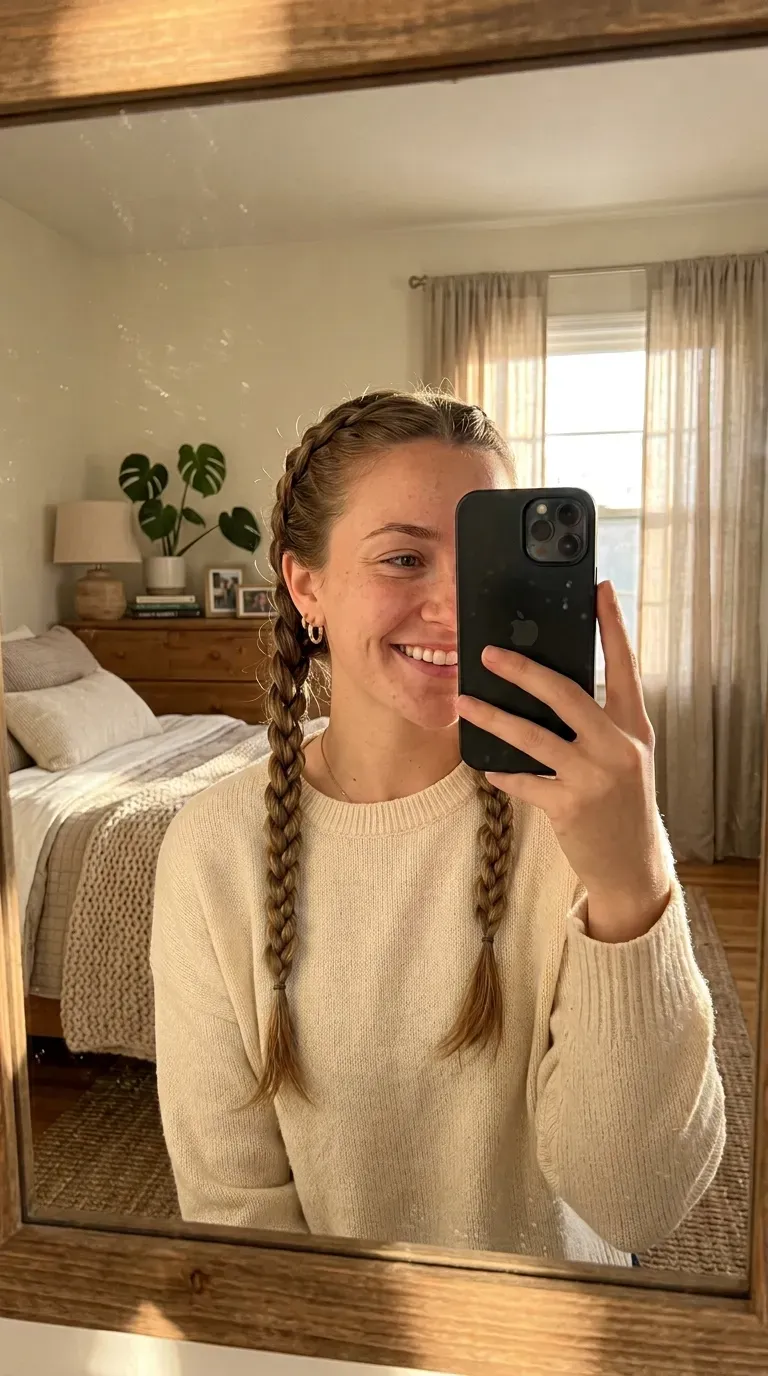 Woman taking an iPhone mirror selfie showing two symmetrical rope braids falling over her shoulders.