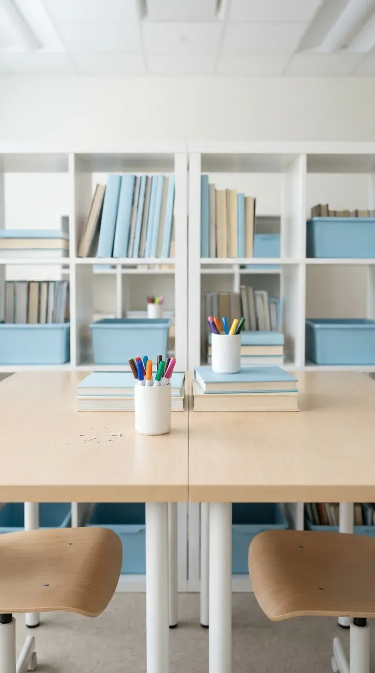 13 Genius Homeschool Room Ideas You Will Want to Copy ASAP 2 two student study desks extending from a shared central wooden cube bookcase