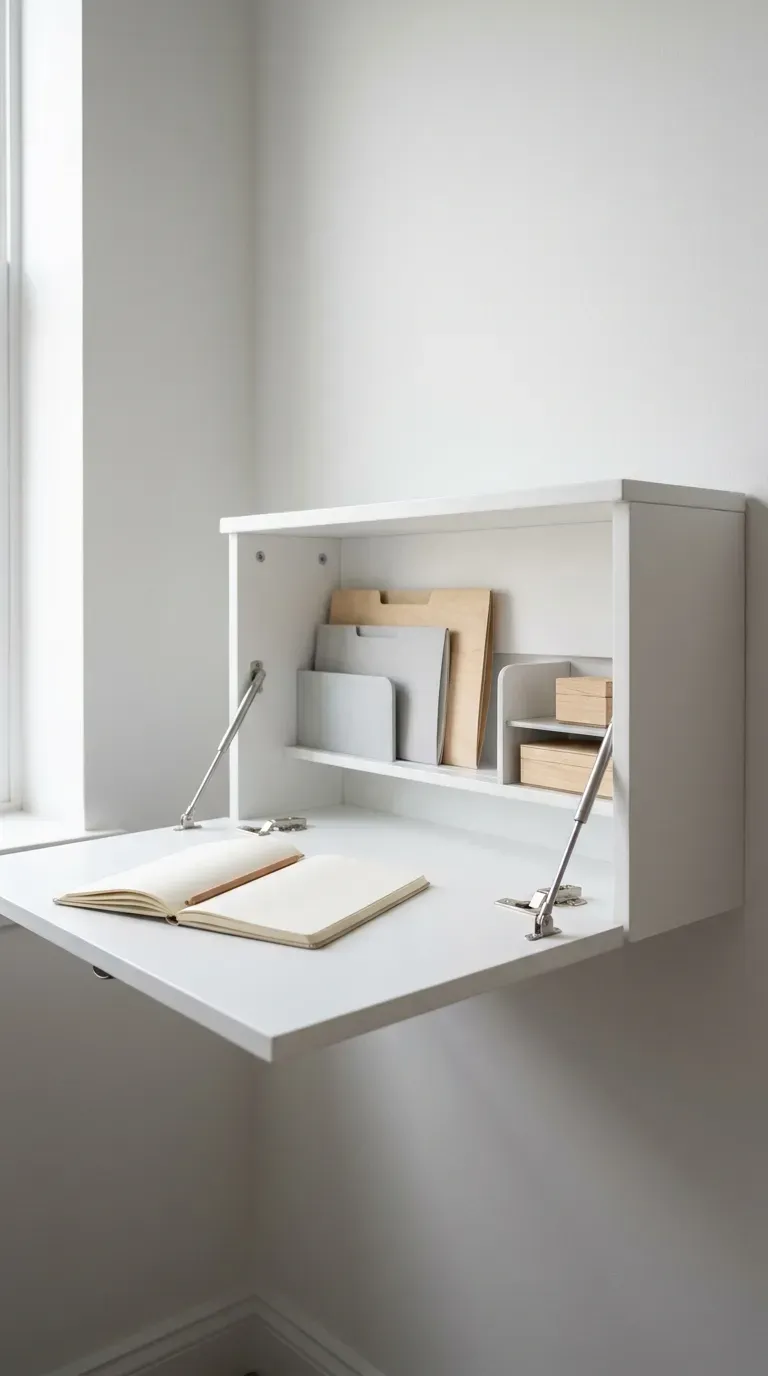 13 Genius Homeschool Room Ideas You Will Want to Copy ASAP 9 wall mounted fold down floating desk opened to reveal organized school cubbies