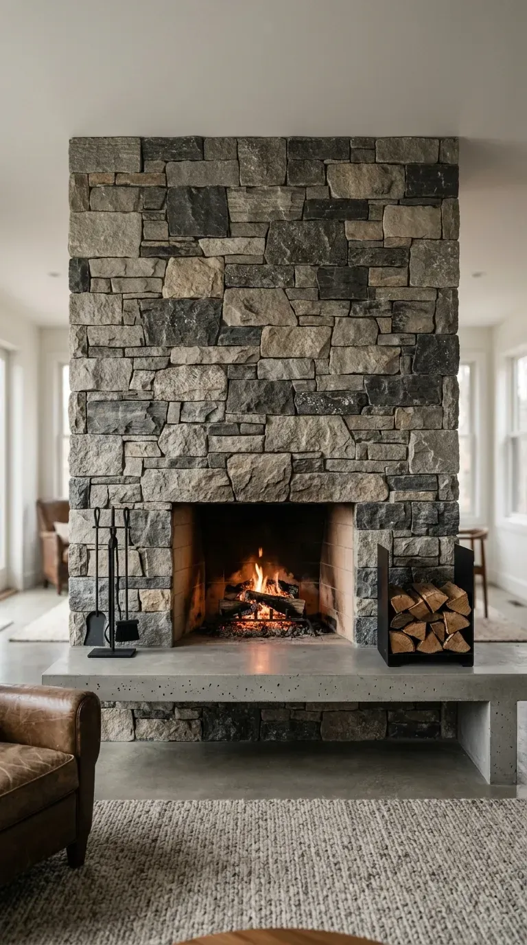 floor to ceiling dry stack stone fireplace with a modern floating concrete bench