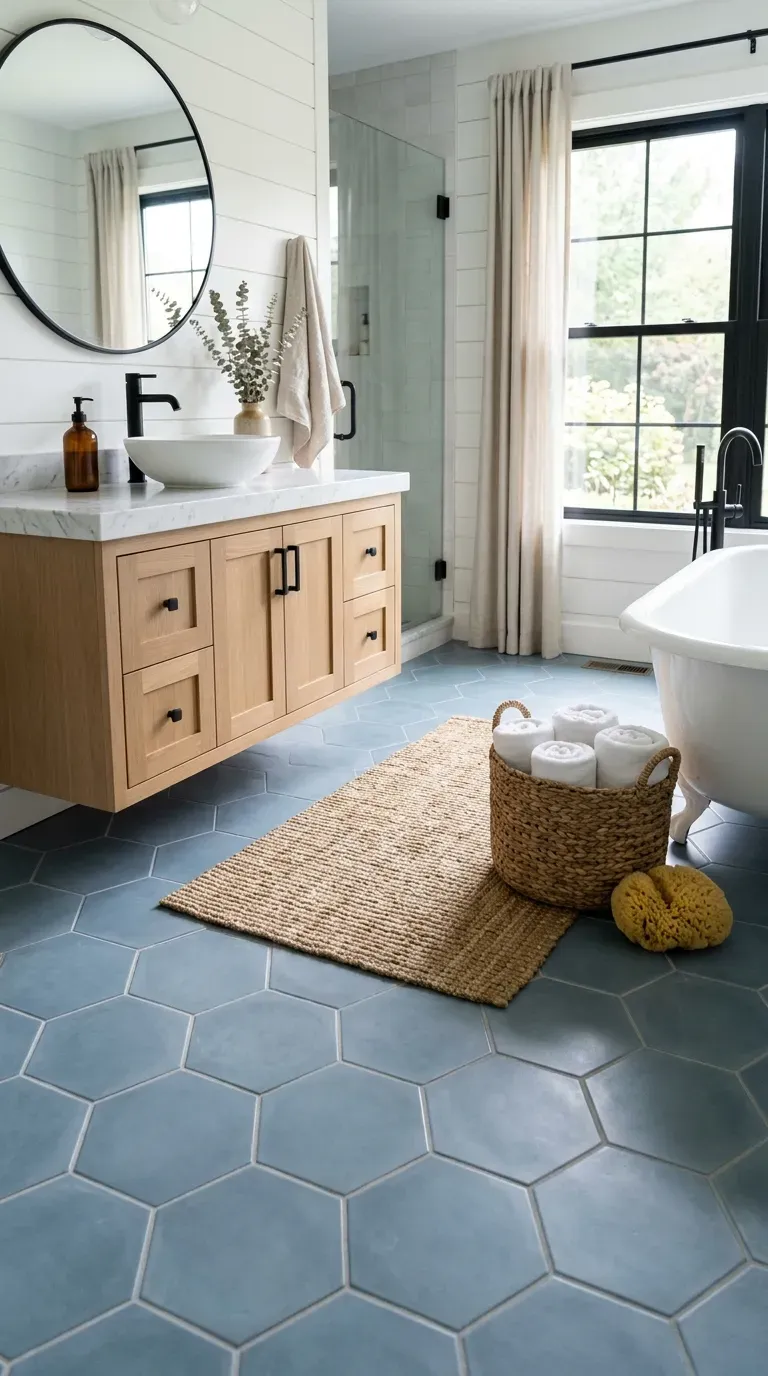 15 Genius Blue Tile Bathrooms You Need to Try 8 Large dusty blue matte hexagon floor tiles in a bright bathroom