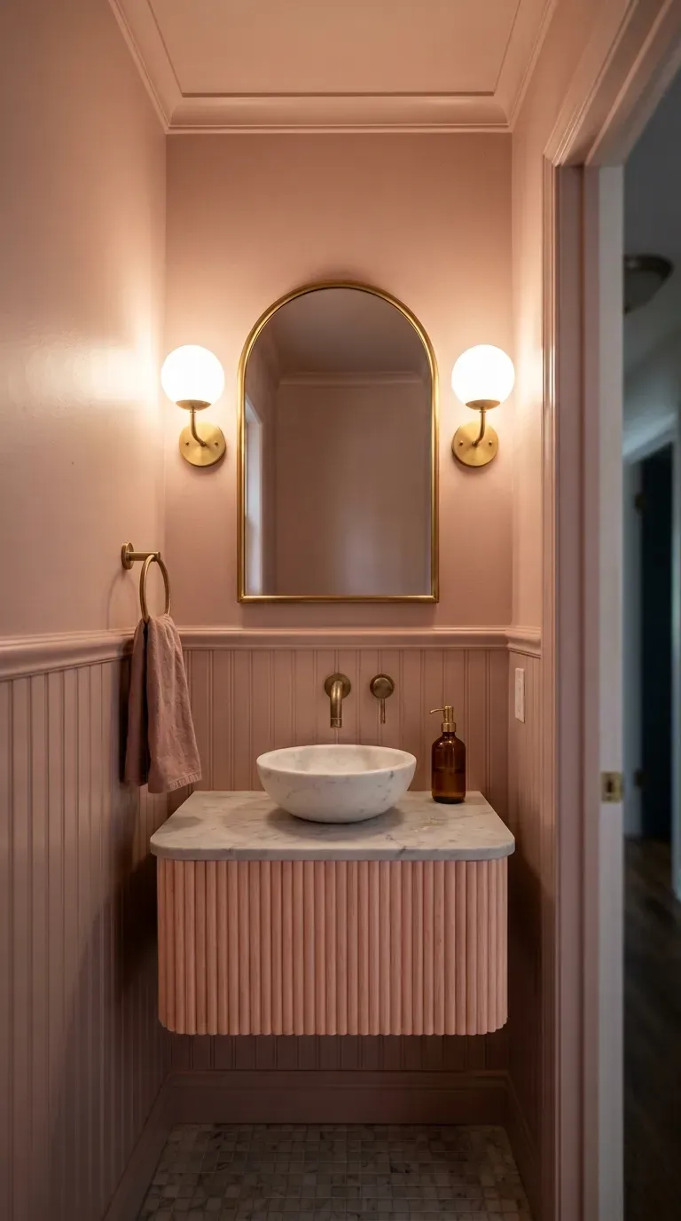 11 Cozy Color Drenched Interior Ideas for Small Spaces 4 small powder room drenched in dusty blush pink with matching vanity and brass hardware