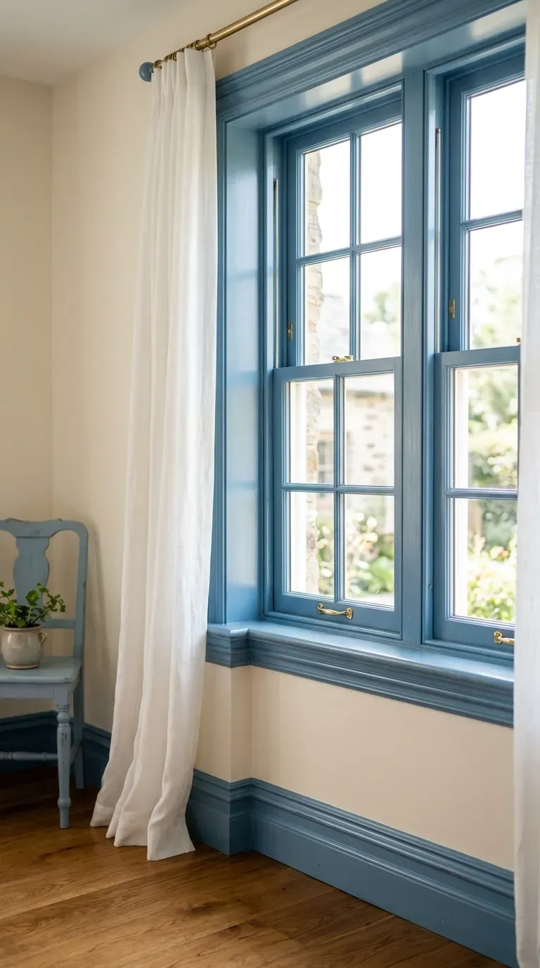 bedroom interior with dusty French blue painted window trim and baseboards on cream walls