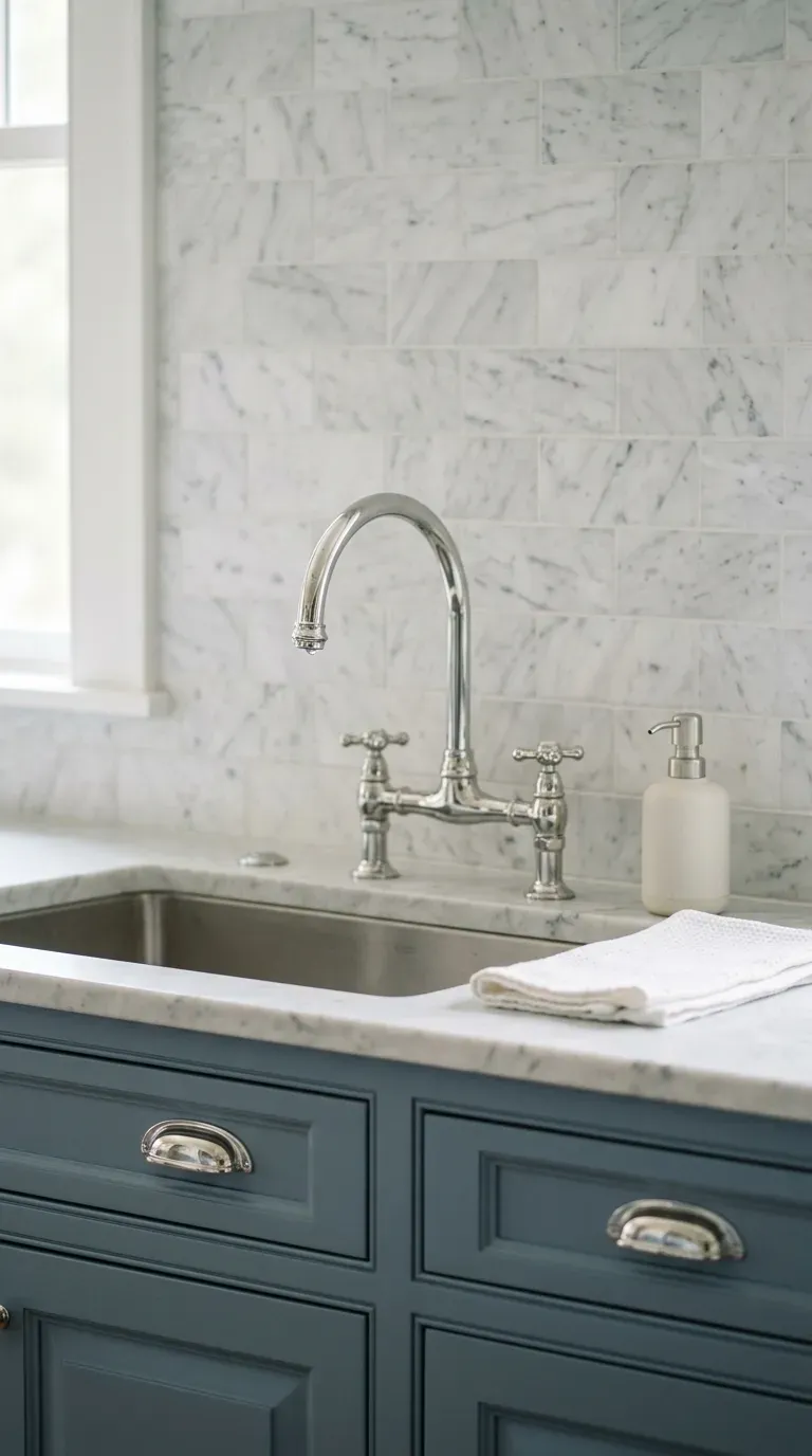 10 Modern Kitchen Color Ideas That Are Trending for 2026 6 dusty slate blue painted cabinets with honed white marble subway tile backsplash