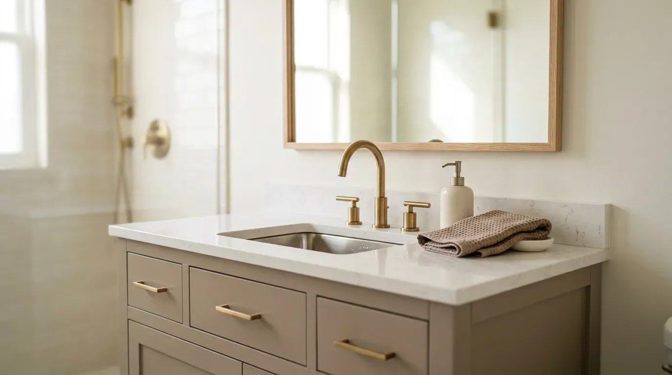 modernized builder grade bathroom with framed mirror, brass faucet, and painted vanity