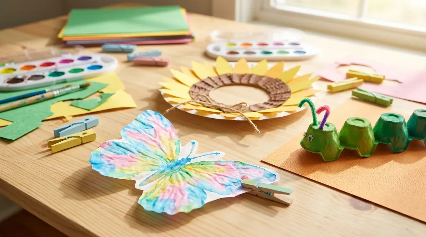 colorful collection of finished spring kids crafts arranged on a wooden table