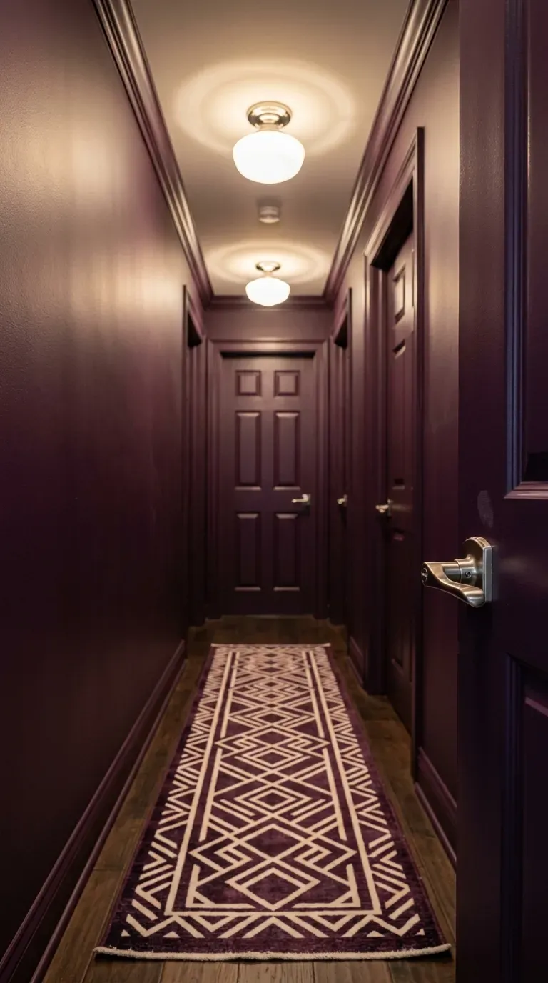 11 Cozy Color Drenched Interior Ideas for Small Spaces 9 dramatic narrow hallway drenched in deep eggplant purple paint with matching doors and crown molding