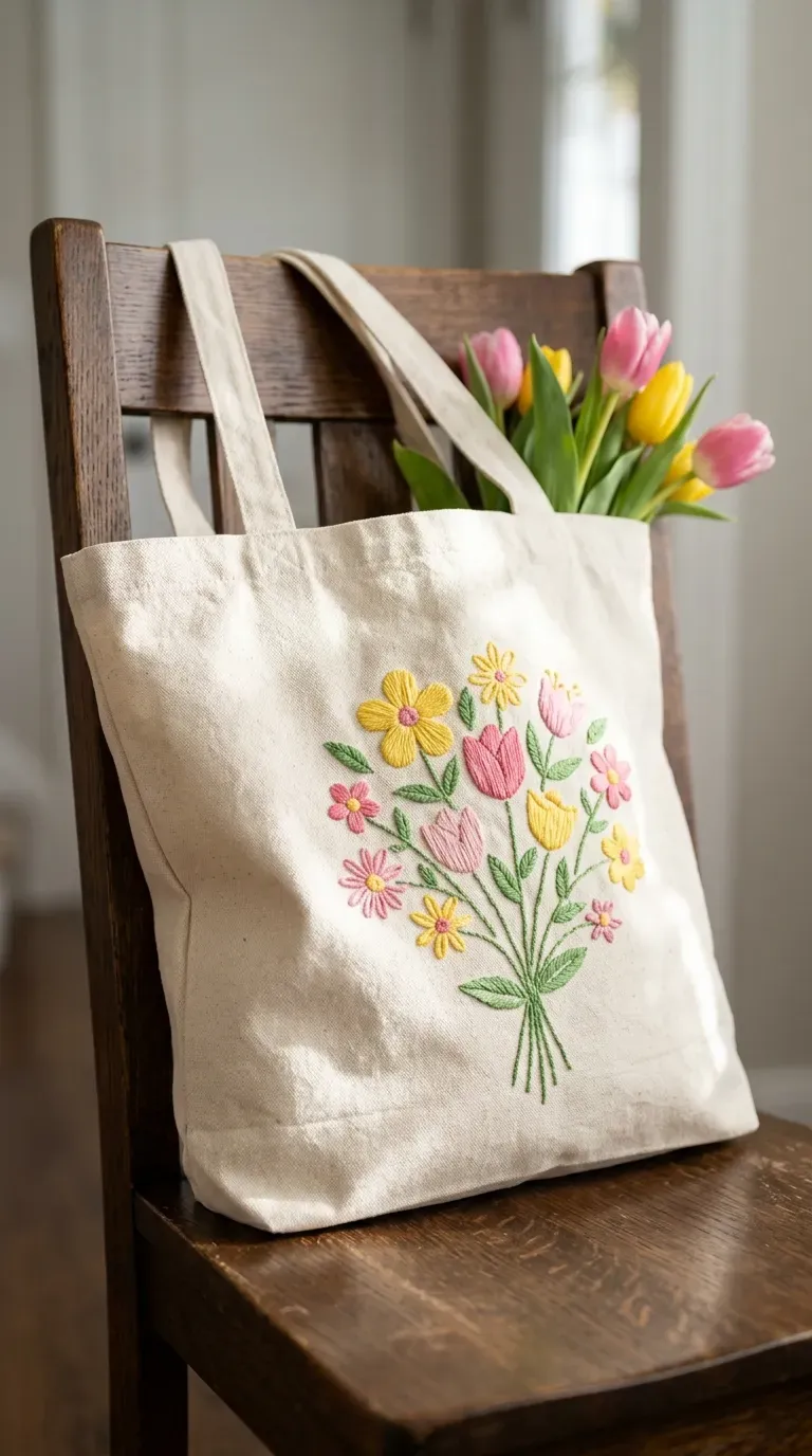 heavy canvas tote bag embroidered with colorful line-art flower drawing on a wooden chair