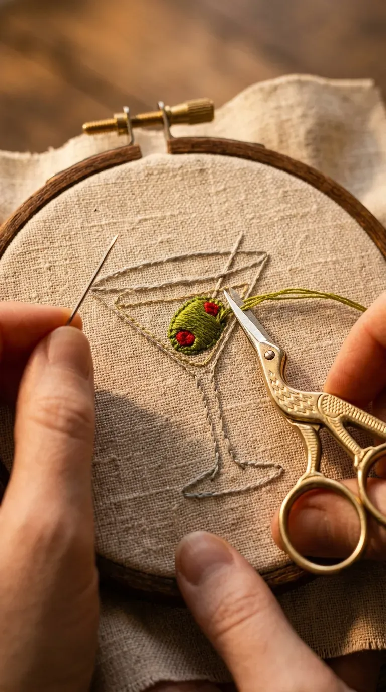 12 Aesthetic Craft Night Ideas for a Dreamy Evening 10 Needle and thread embroidering a tiny martini on a linen napkin