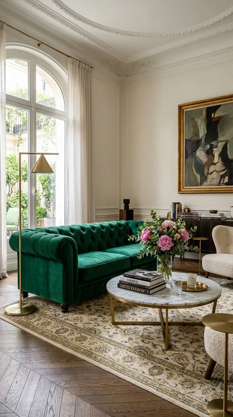 Luxurious emerald green velvet sofa in a bright modern living room