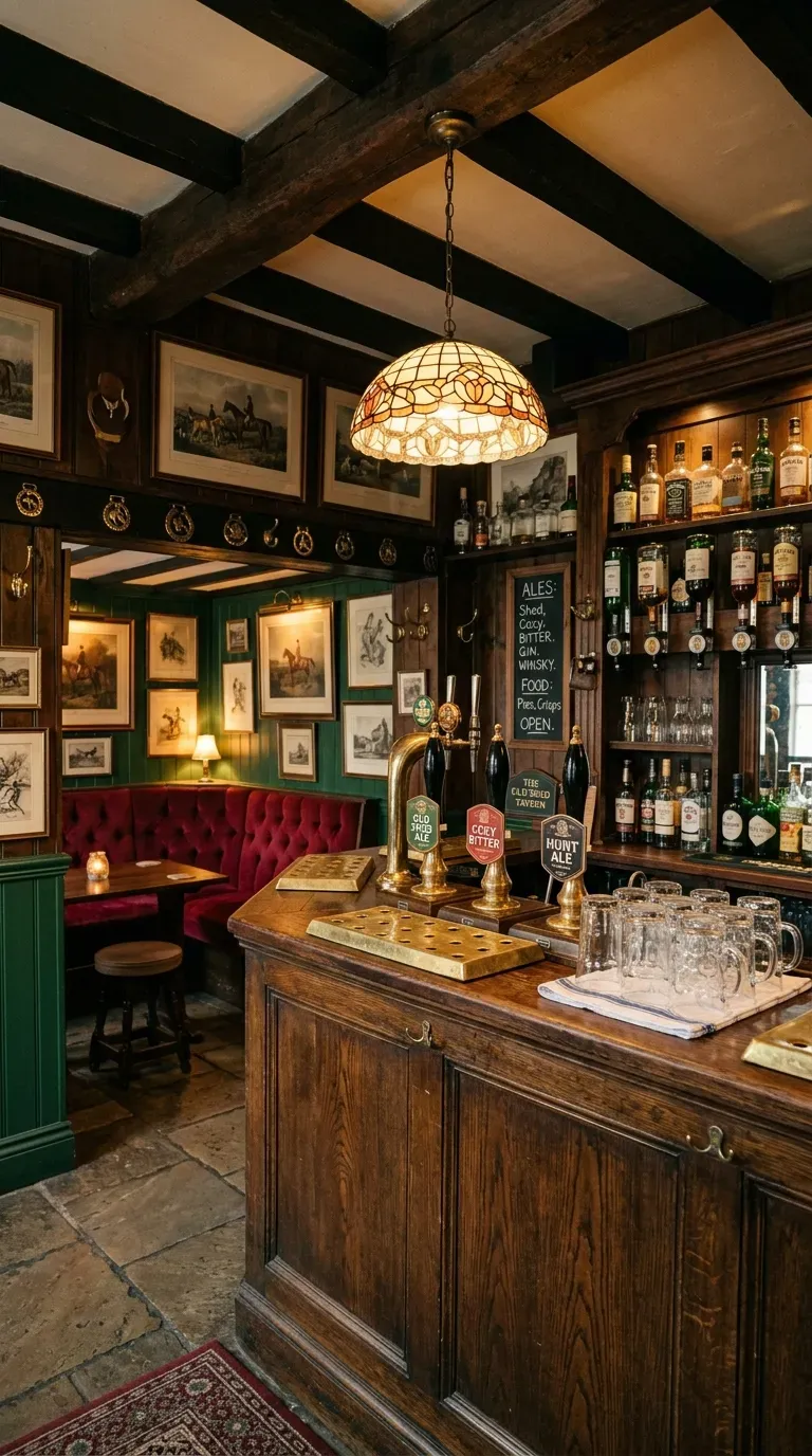 12 Aesthetic Backyard Pub Shed Ideas to Transform Your Yard 3 Dark green traditional English tavern style pub shed interior with brass taps