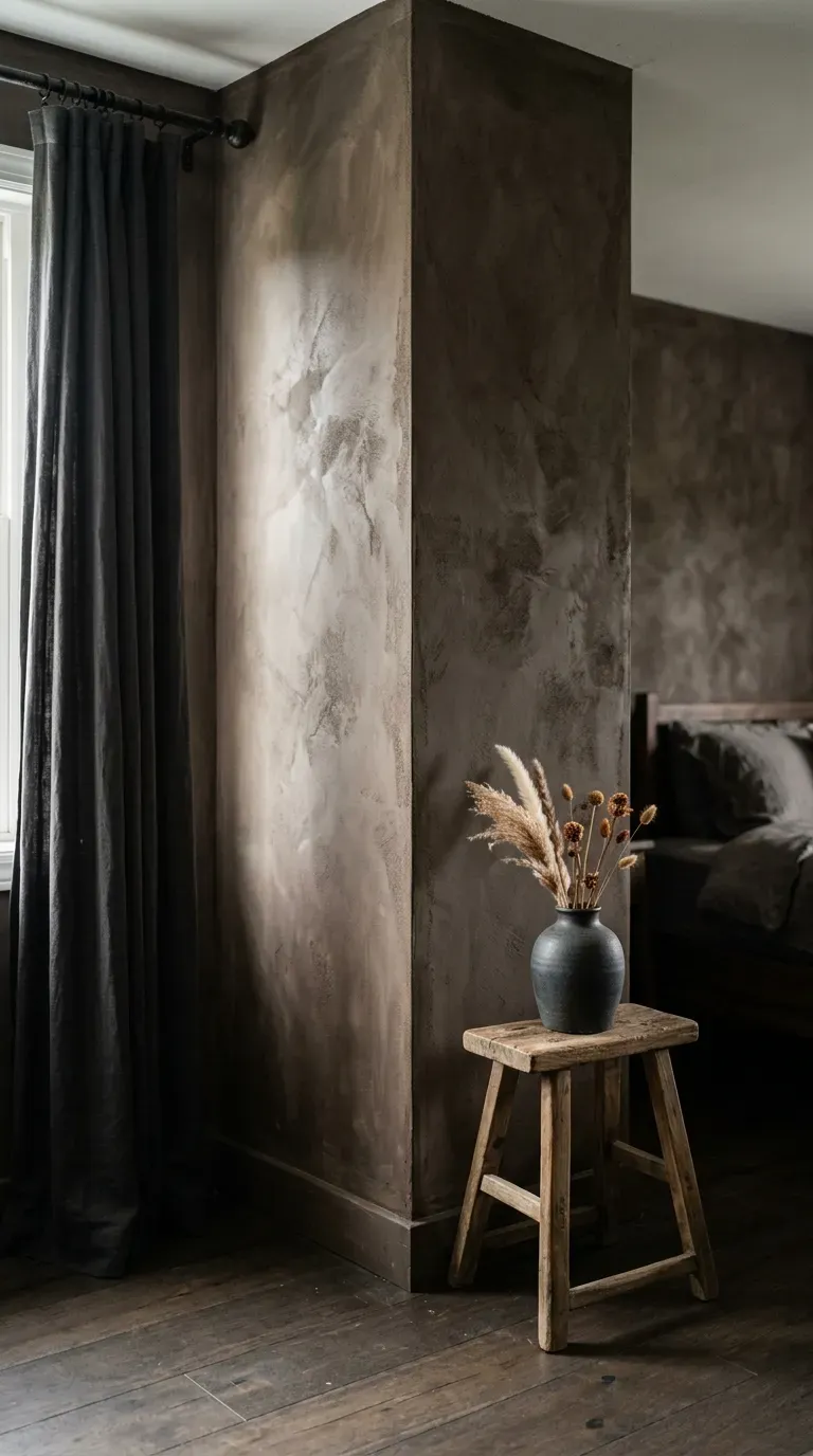 13 Genius Brown Bedroom Ideas You Will Want to Copy ASAP 6 textured espresso brown limewash paint finish on modern bedroom walls
