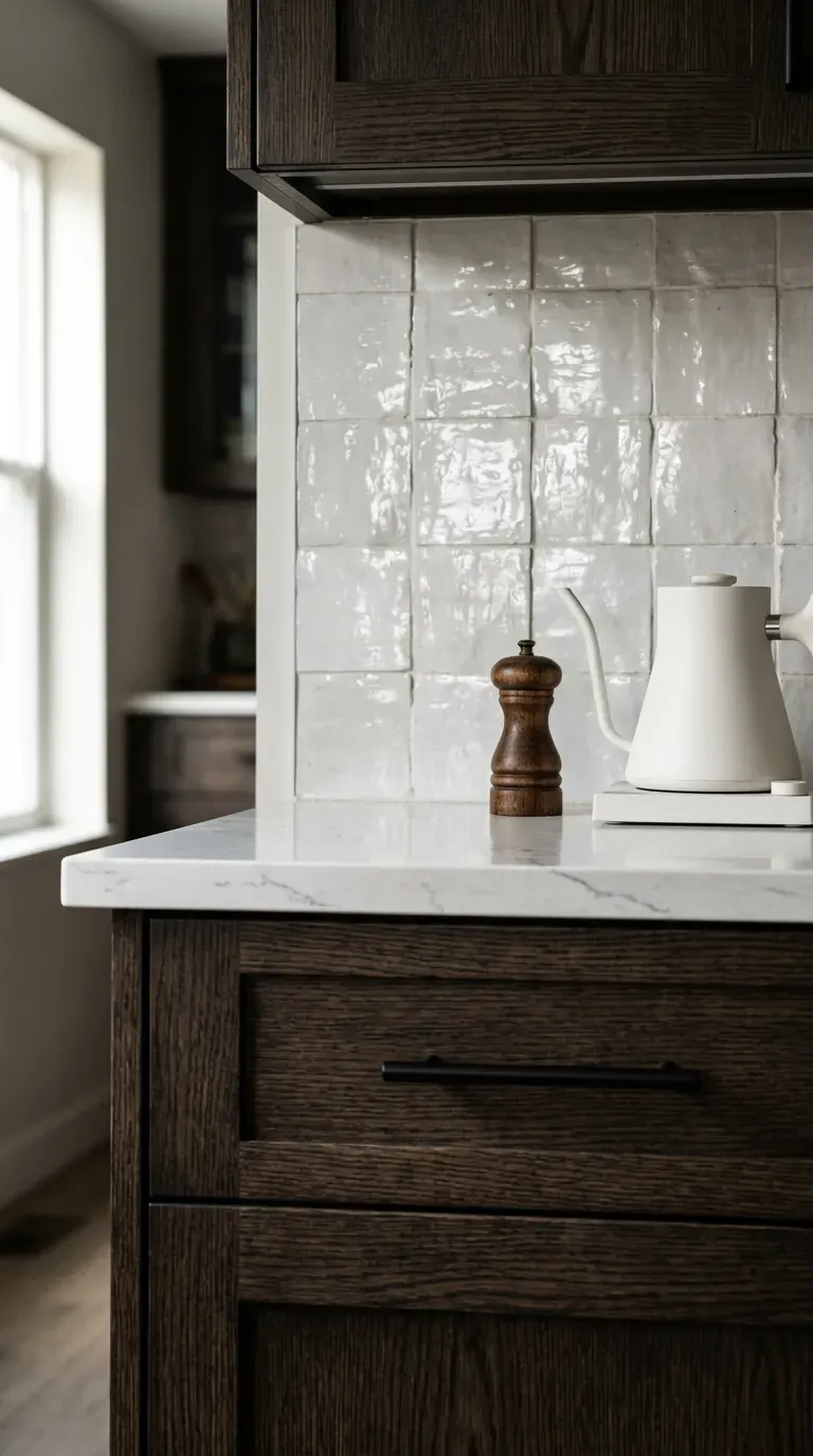 10 Modern Kitchen Color Ideas That Are Trending for 2026 10 dark espresso wood stained lower kitchen cabinets paired with glossy white zellige tiles