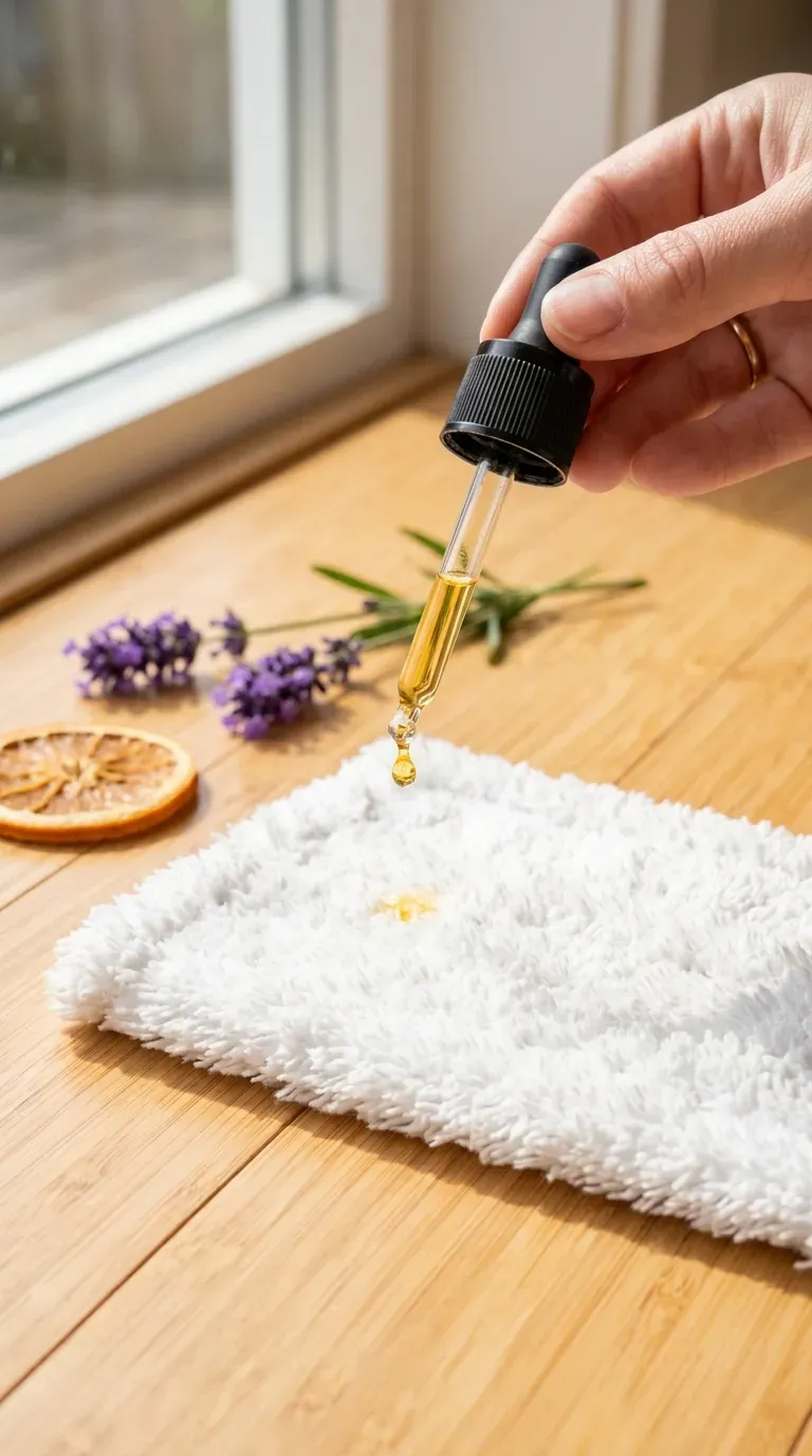 Dropping essential oil onto a clean microfiber mop pad