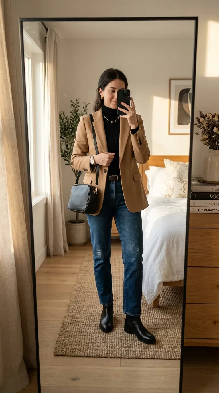 Everyday Fall Outfits: 10 Easy and Stylish Looks You'll Want to Wear 7 Woman wearing a camel blazer with black turtleneck and jeans for a polished fall outfit.