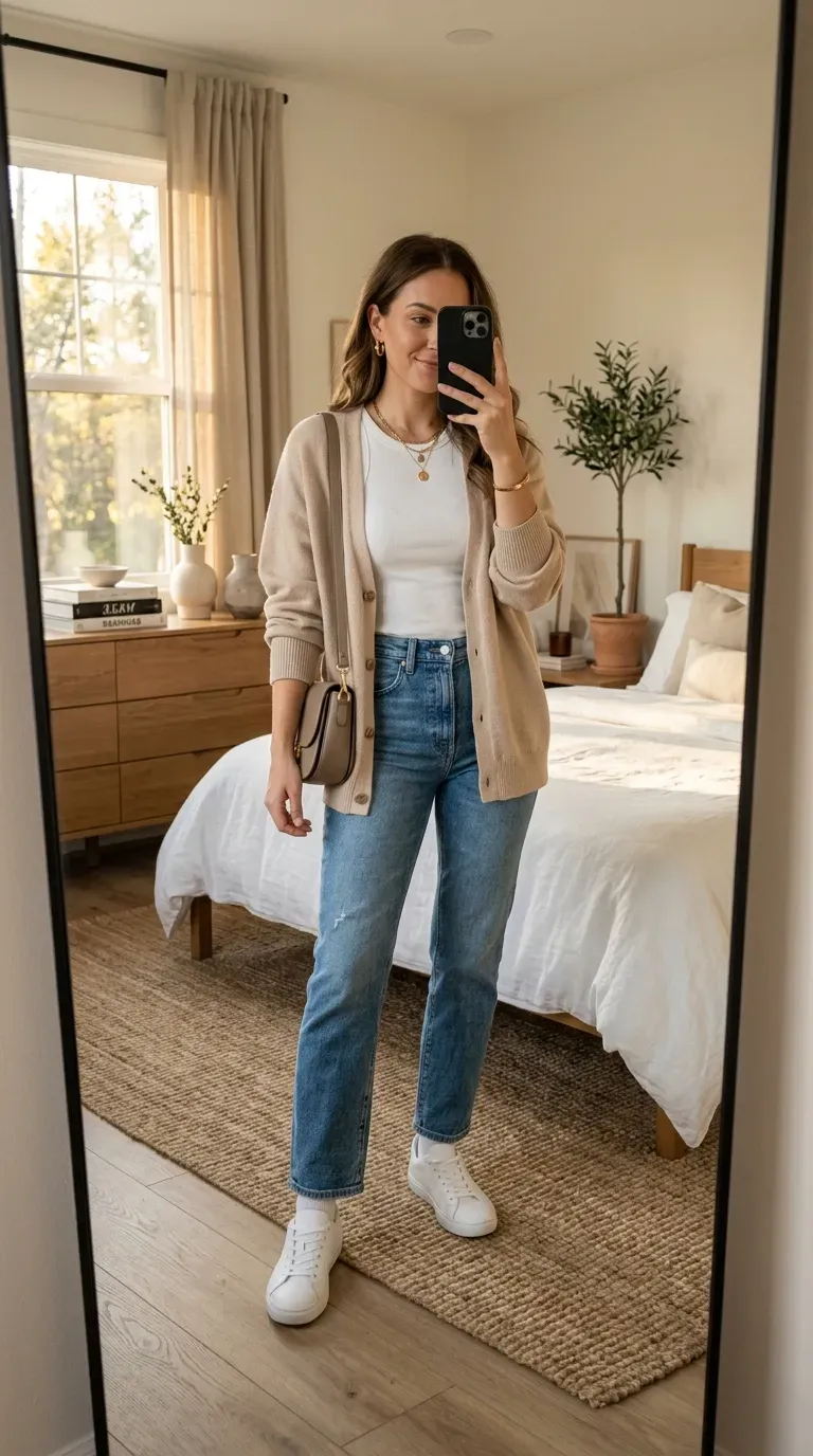 Everyday Fall Outfits: 10 Easy and Stylish Looks You'll Want to Wear 5 Woman wearing an oversized cardigan with jeans for a cozy everyday fall outfit.