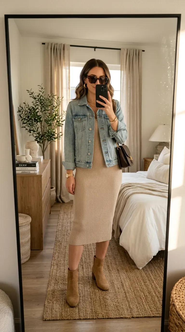 Everyday Fall Outfits: 10 Easy and Stylish Looks You'll Want to Wear 6 Woman wearing a denim jacket with a knit dress for an everyday fall outfit.