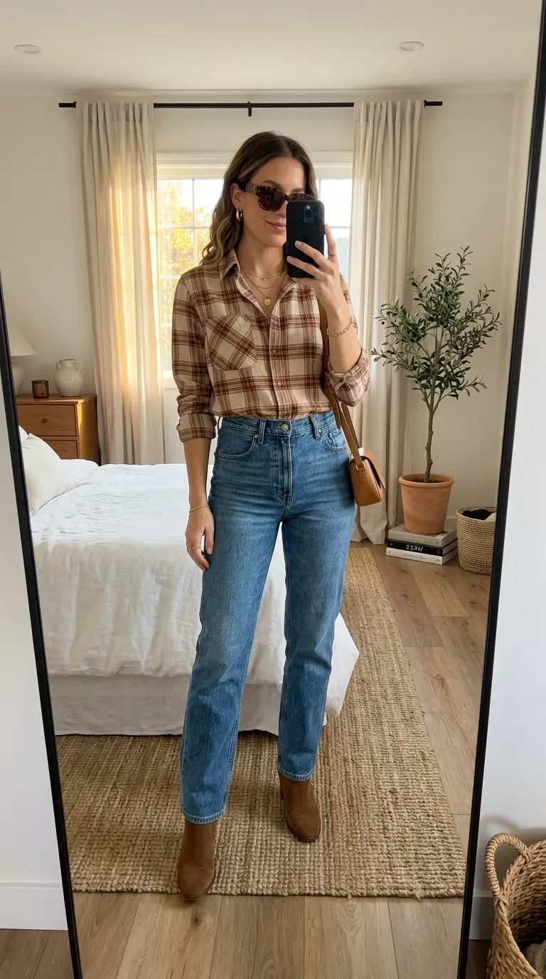 Everyday Fall Outfits: 10 Easy and Stylish Looks You'll Want to Wear 8 Woman wearing a flannel shirt with straight-leg jeans for a cozy casual fall outfit.