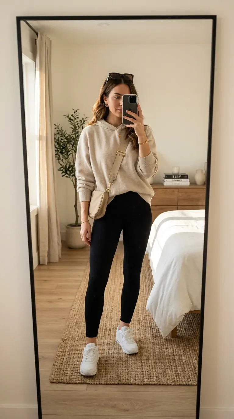 Everyday Fall Outfits: 10 Easy and Stylish Looks You'll Want to Wear 10 Woman wearing an oversized hoodie with leggings for a comfortable fall outfit.