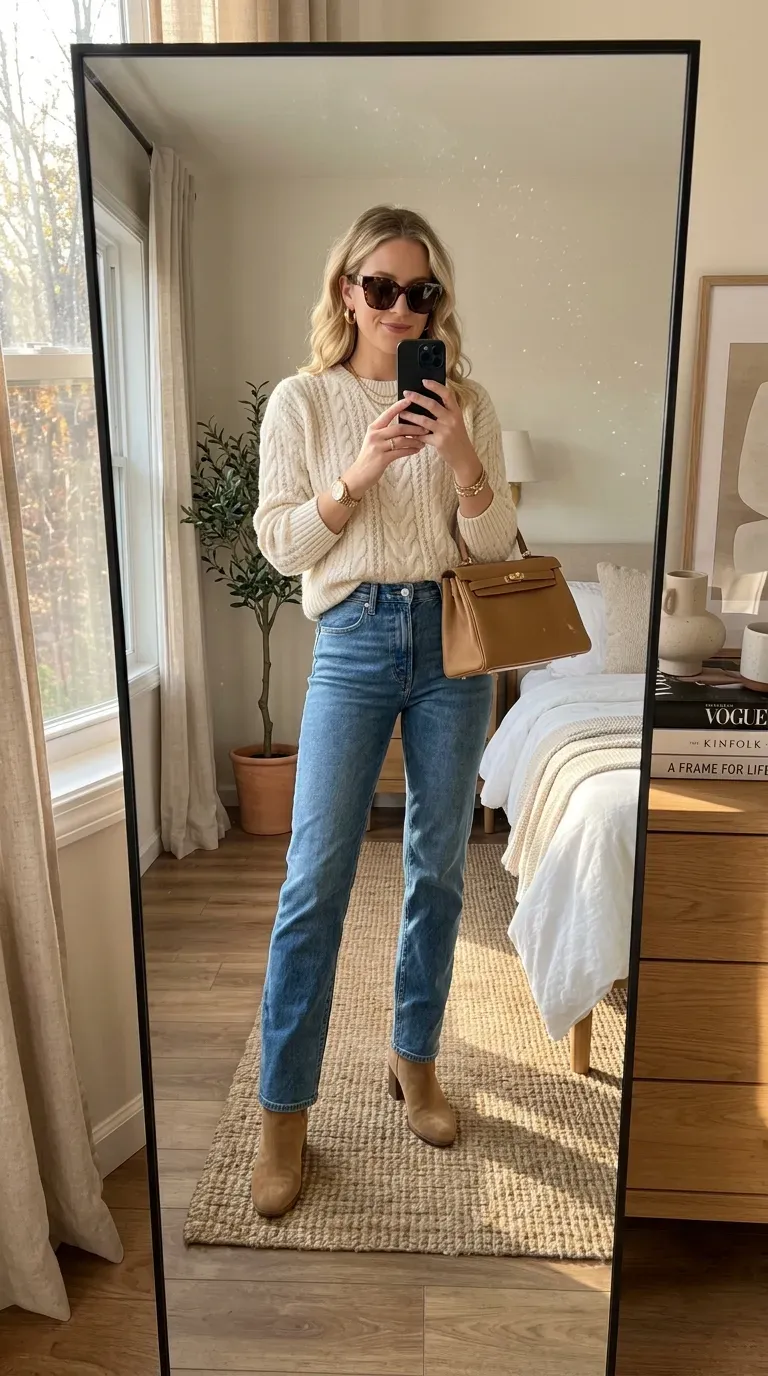Everyday Fall Outfits: 10 Easy and Stylish Looks You'll Want to Wear 2 Woman wearing a chunky knit sweater with straight-leg jeans for an everyday fall outfit.