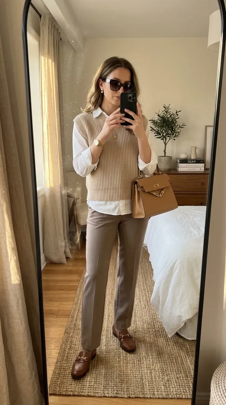 Everyday Fall Outfits: 10 Easy and Stylish Looks You'll Want to Wear 9 Woman wearing a knit vest with a white button-down and trousers for a chic fall outfit.