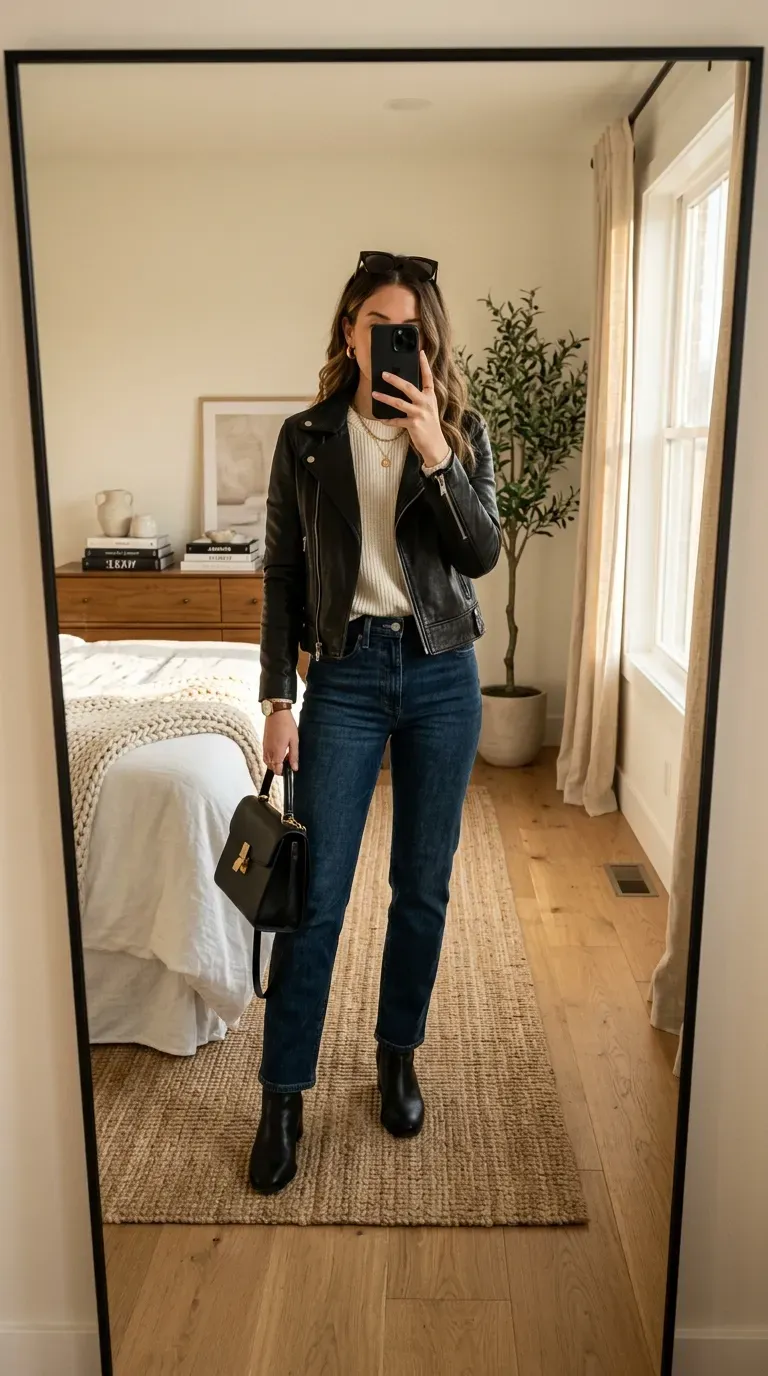 Everyday Fall Outfits: 10 Easy and Stylish Looks You'll Want to Wear 11 Woman wearing a leather jacket with a sweater and dark jeans for a chic fall outfit.