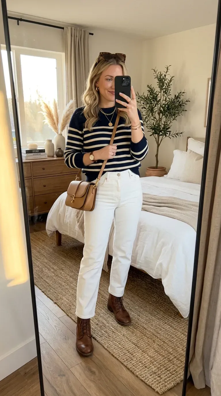 Everyday Fall Outfits: 10 Easy and Stylish Looks You'll Want to Wear 4 Woman wearing a striped sweater with white jeans for a fresh fall outfit.