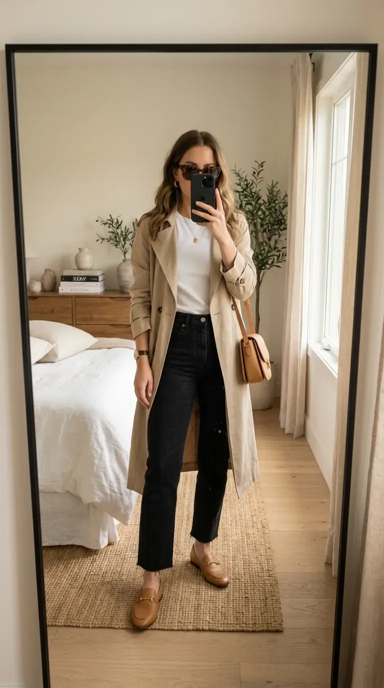 Everyday Fall Outfits: 10 Easy and Stylish Looks You'll Want to Wear 3 Woman wearing a beige trench coat with black jeans for a chic everyday fall outfit.