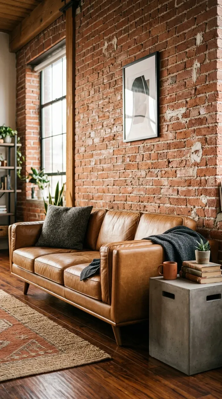 weathered red brick accent wall behind a modern caramel leather tailored sofa