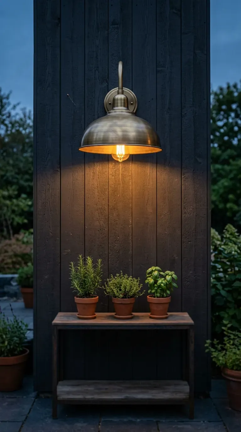 vintage brushed brass gooseneck bell sconce glowing softly on a dark shiplap patio wall