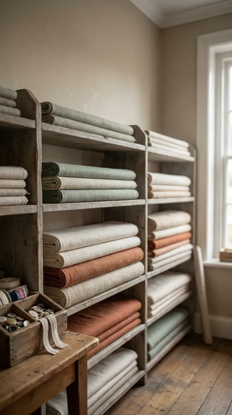 13 Craft Outing Ideas Every Maker Will Love 5 rolls of fabric in muted tones displayed on shelves in a fabric shop
