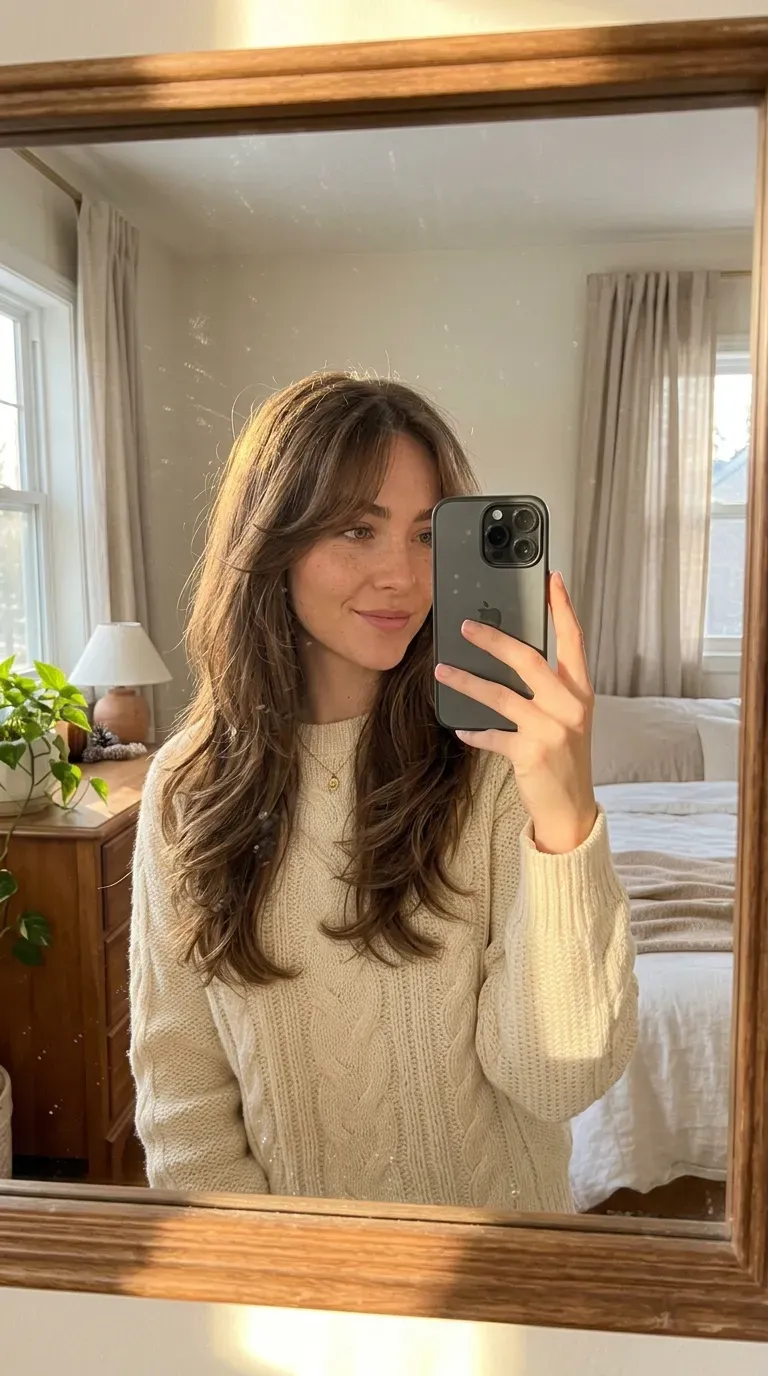 11 Winter Hairstyles for Women That Look Cozy, Chic, and Stylish 10 Woman taking an iPhone mirror selfie showing soft curtain bangs with layered winter hair.
