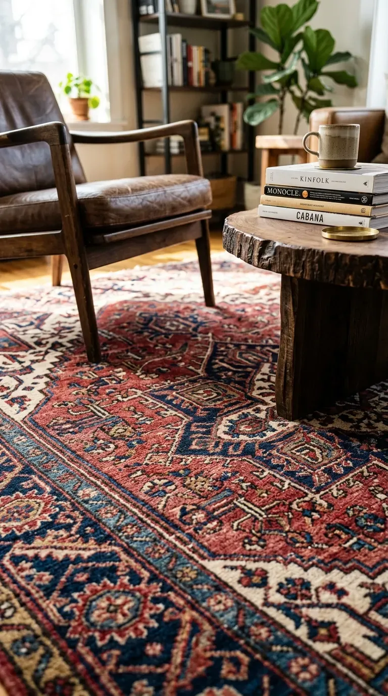 Faded vintage Persian rug in rich reds and blues in a living room