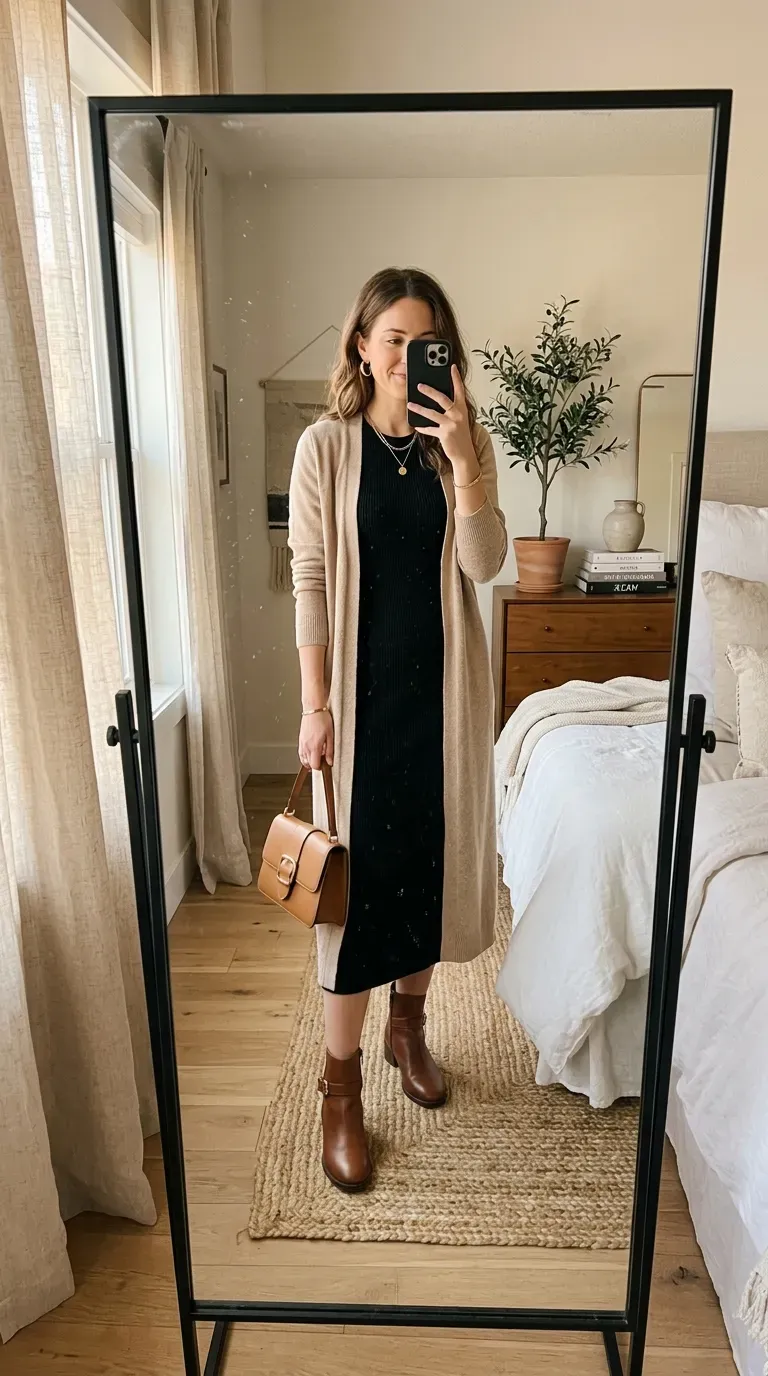 Fall Capsule Wardrobe Outfits: 7 Timeless Looks You'll Wear on Repeat 7 Woman wearing a black ribbed dress with a long cardigan for a cozy fall capsule wardrobe outfit.