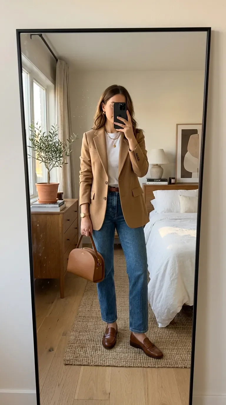 Fall Capsule Wardrobe Outfits: 7 Timeless Looks You'll Wear on Repeat 2 Woman wearing a camel blazer with a white tee and straight-leg jeans for a fall capsule wardrobe outfit.