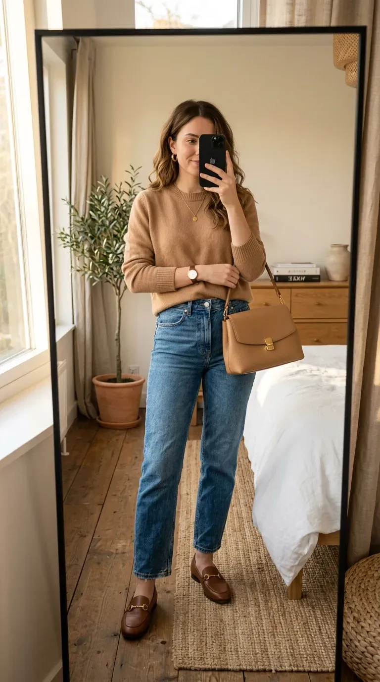 Fall Capsule Wardrobe Outfits: 7 Timeless Looks You'll Wear on Repeat 8 Woman wearing a camel sweater with straight-leg jeans and loafers for a timeless fall outfit.