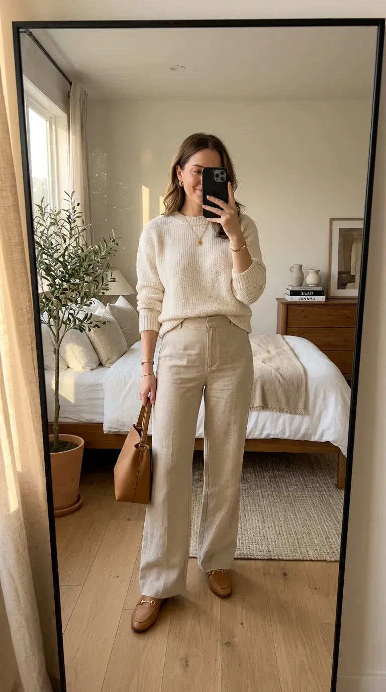Fall Capsule Wardrobe Outfits: 7 Timeless Looks You'll Wear on Repeat 3 Woman wearing a cream knit sweater with beige wide-leg trousers for a chic fall capsule wardrobe.
