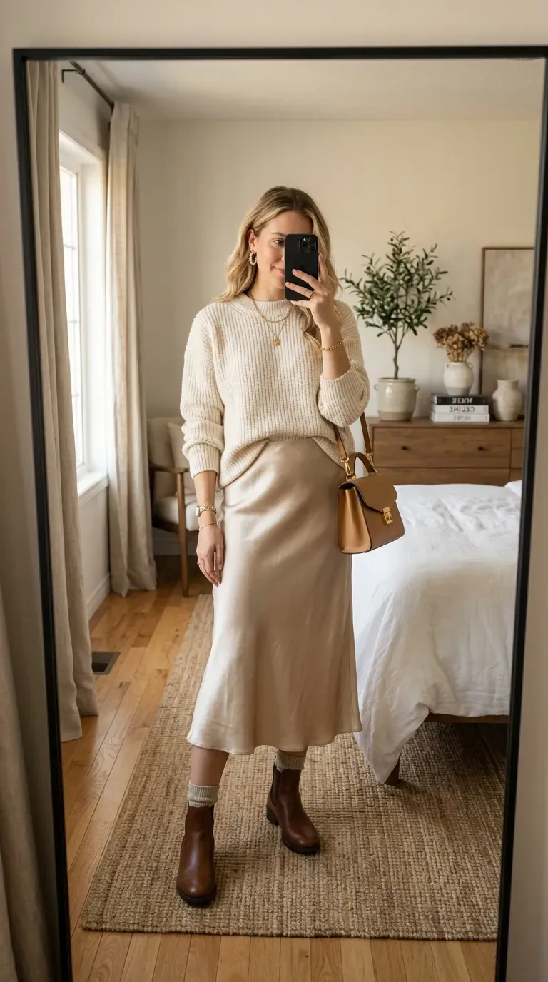Fall Capsule Wardrobe Outfits: 7 Timeless Looks You'll Wear on Repeat 6 Woman wearing a satin midi skirt with a chunky knit sweater for an elegant fall outfit.