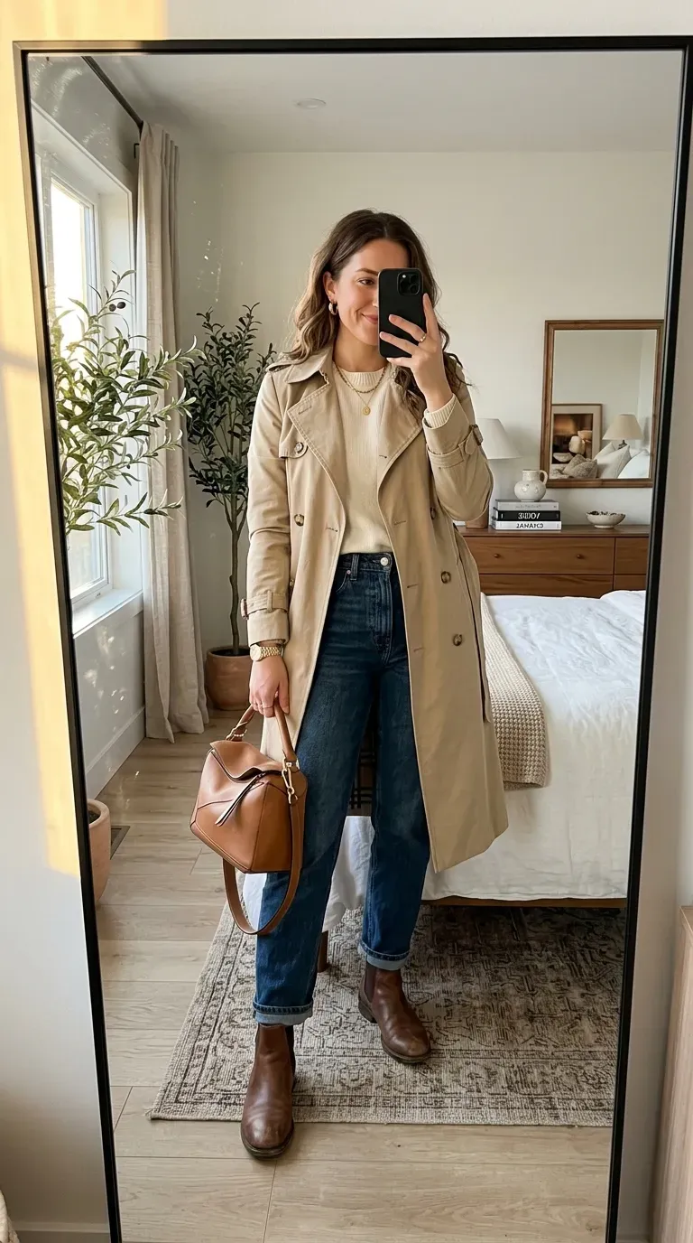 Fall Capsule Wardrobe Outfits: 7 Timeless Looks You'll Wear on Repeat 5 Woman wearing a trench coat with dark wash jeans and ankle boots for a fall capsule wardrobe outfit.