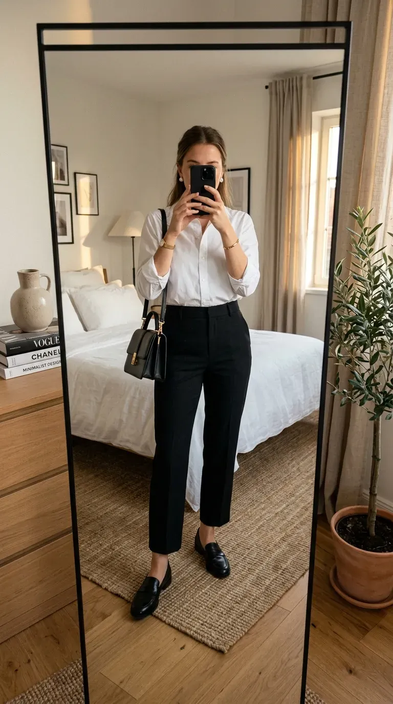 Fall Capsule Wardrobe Outfits: 7 Timeless Looks You'll Wear on Repeat 4 Woman wearing a white button-down shirt with black tailored pants for a timeless fall outfit.