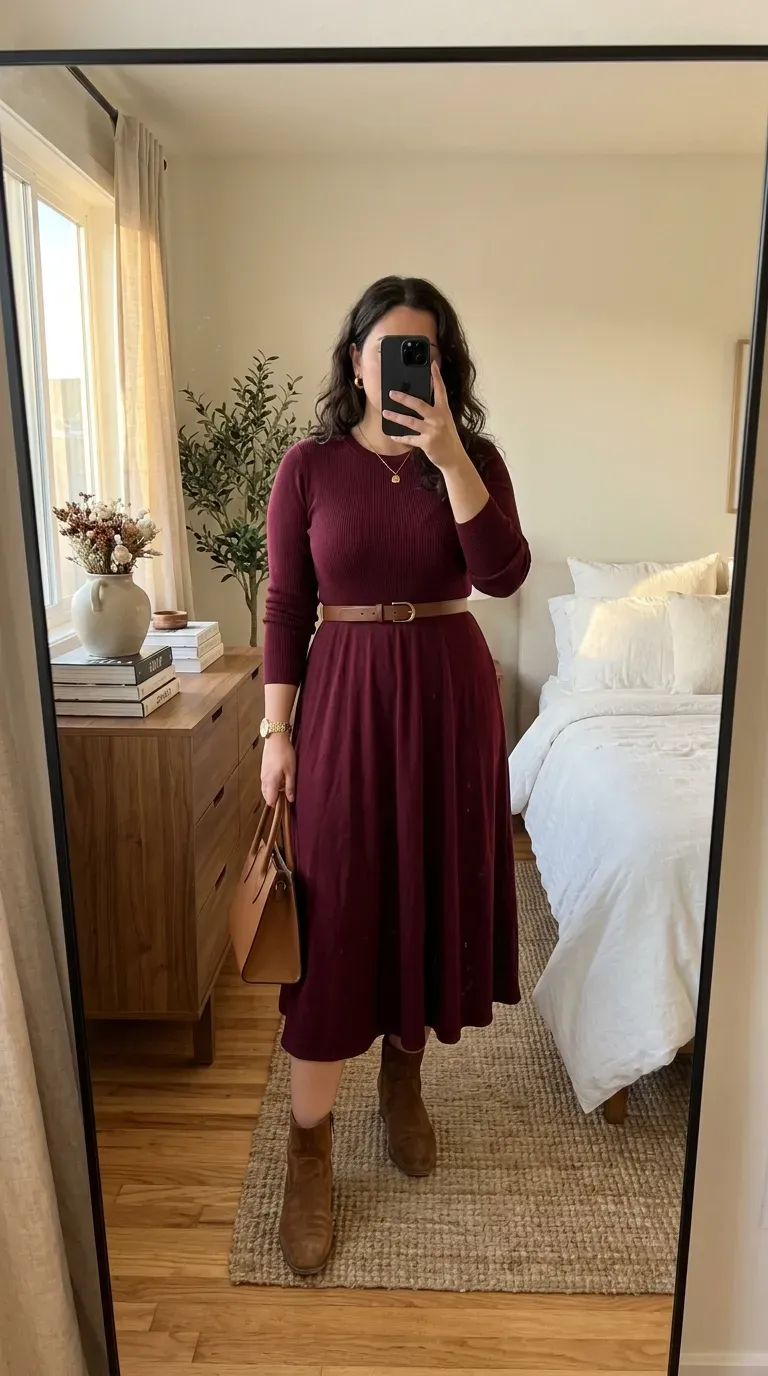Curvy woman wearing a belted midi dress with ankle boots for a chic fall outfit.
