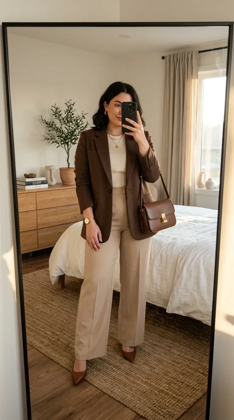 Curvy woman wearing a tailored blazer with wide-leg trousers for a sophisticated fall outfit.