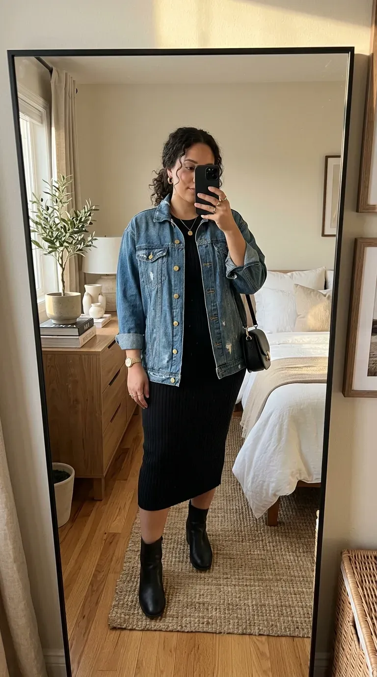 Curvy woman wearing a denim jacket over a black midi dress for a casual fall outfit.
