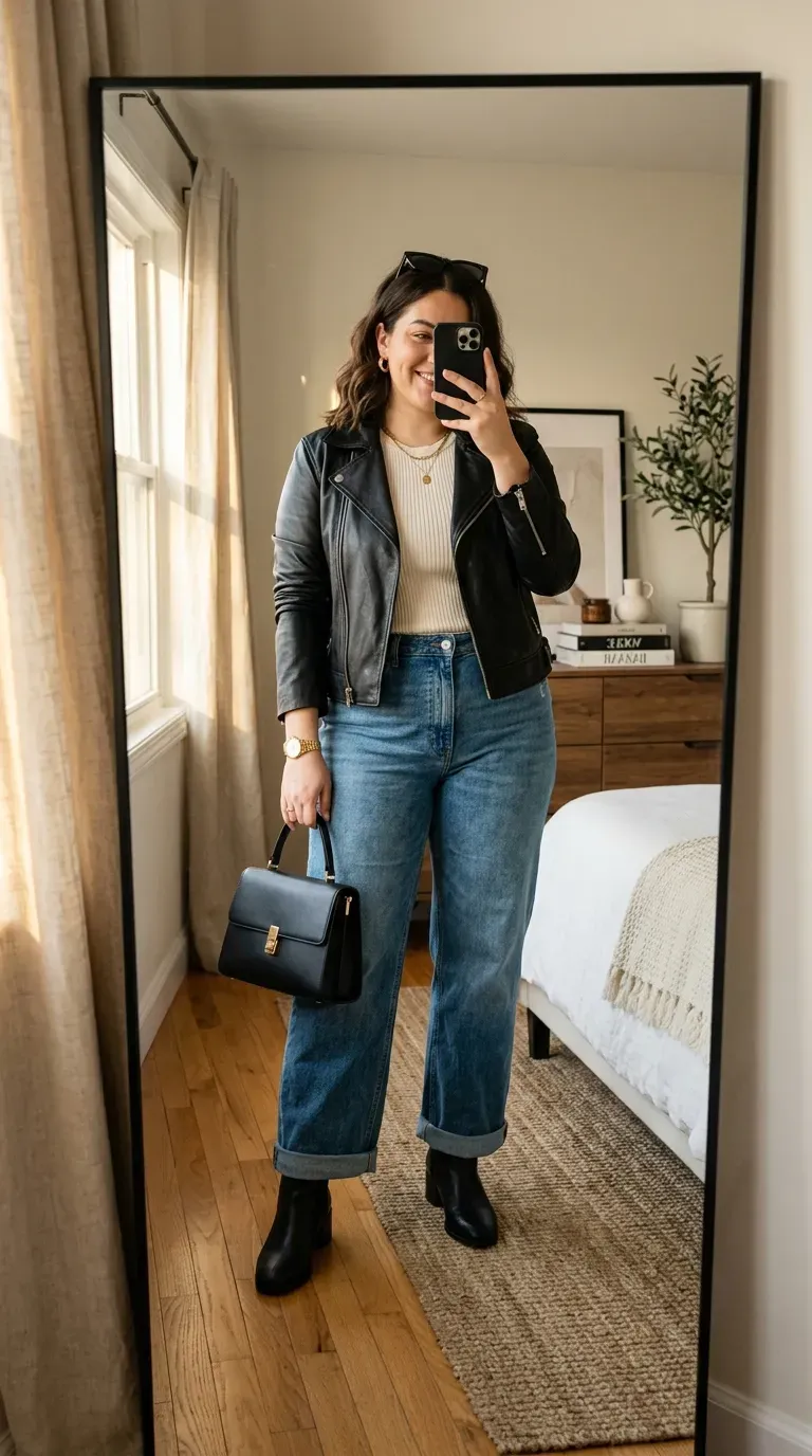 Curvy woman wearing a leather jacket with wide-leg jeans for a stylish fall street-style outfit.