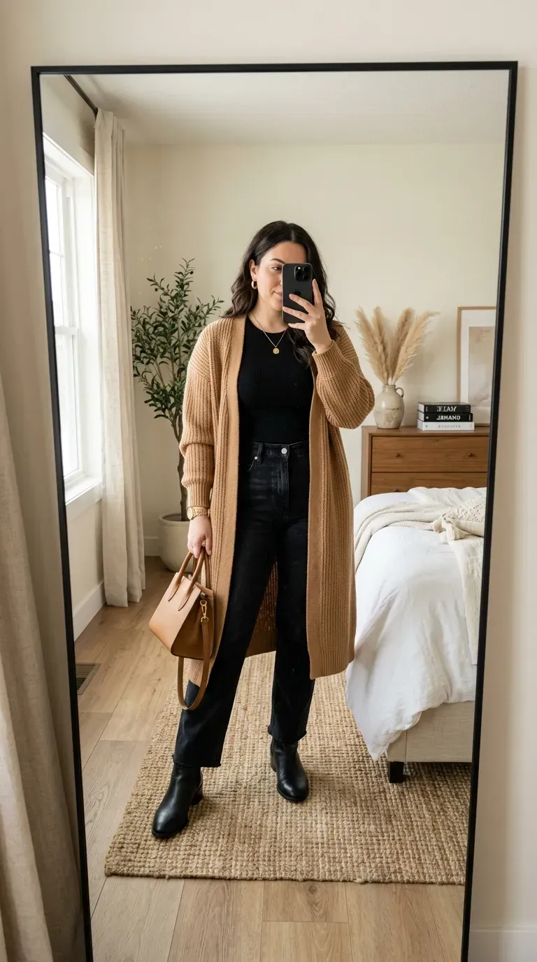 Curvy woman wearing a long cardigan with black jeans for an elegant casual fall outfit.