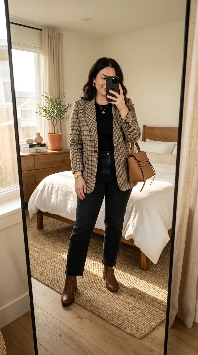 Curvy woman wearing a brown sweater dress with boots for a sophisticated monochrome fall outfit.
