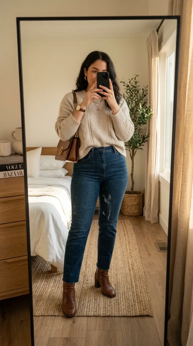 Curvy woman wearing an oversized sweater with straight-leg jeans for a chic fall outfit.
